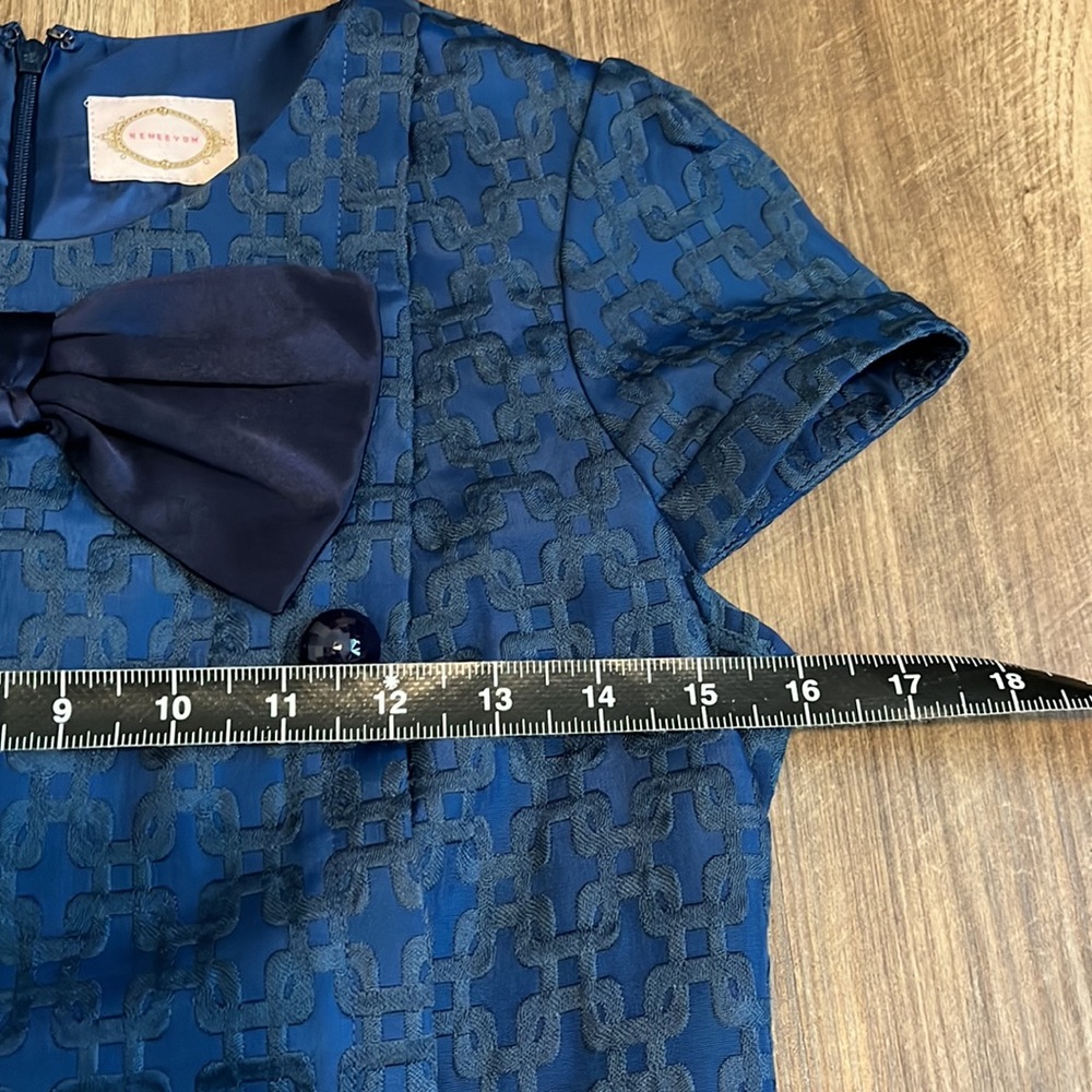 Reneevon Blue Jacquard Button Bow Bubble Ruffle Hem Dress S - Picture 3 of 8